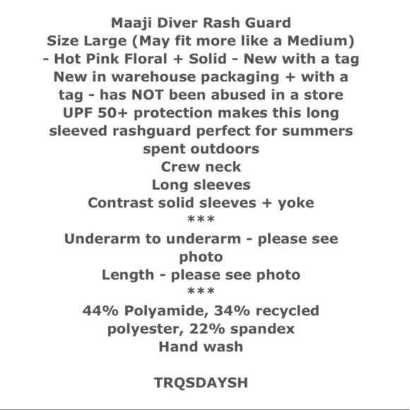 Maaji Diver RashGuard Large Pink Floral UPF 50+ Surf Paddle Swim Long Sleeve NWT - Picture 2 of 12